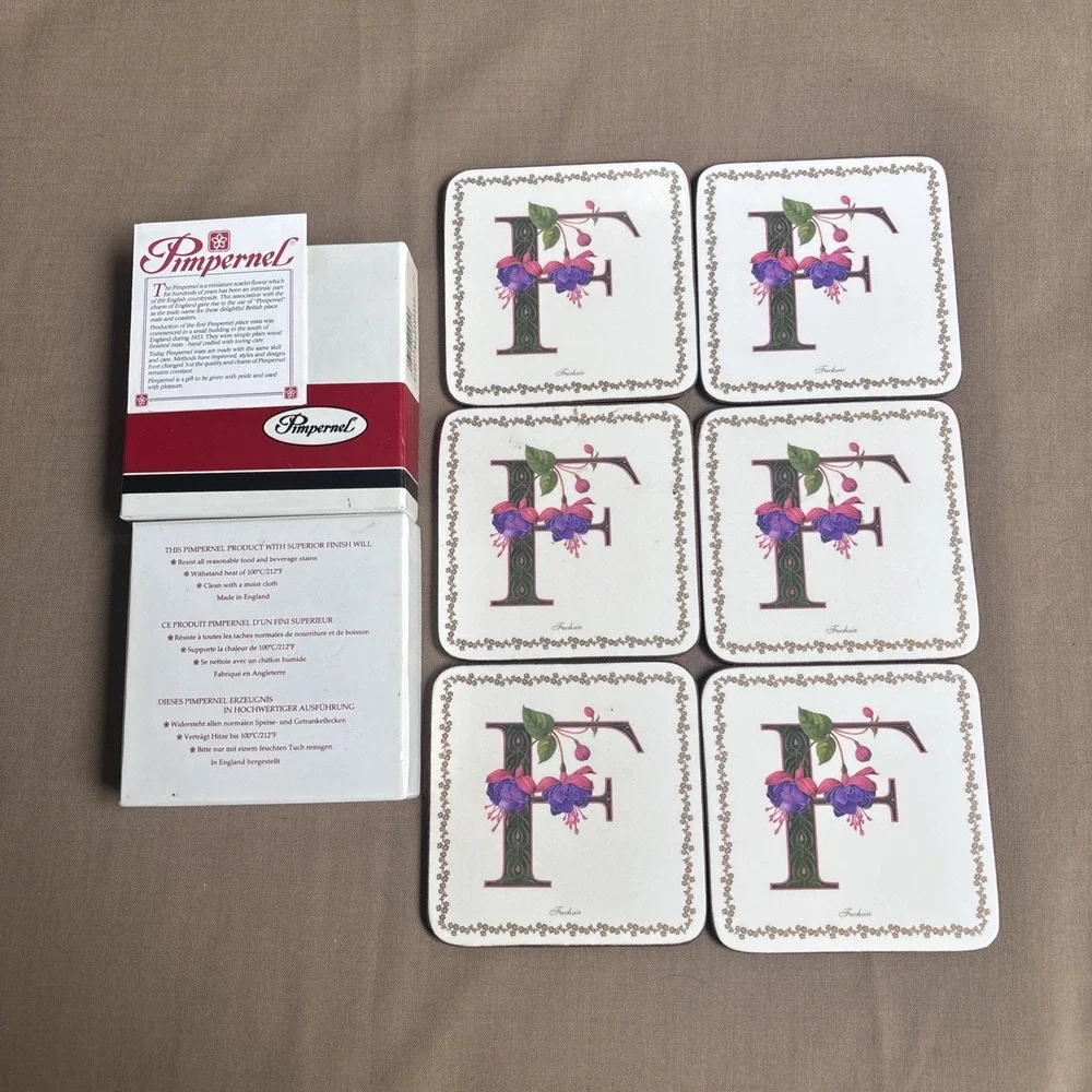 Pimpernel Set of 6 Letter F Fuschia  Coasters Cork Back in original box England